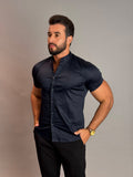 Camisa Social Masculina Gola Padre com Botão - Azul Marinho