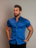 Camisa Social Masculina com Botão Manga Curta - Azul