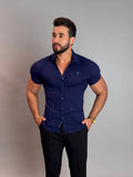 Camisa Social Masculina com Botão Manga Curta - Azul Marinho