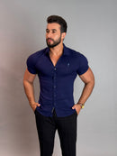 Camisa Social Masculina com Botão Manga Curta - Azul Marinho