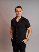 Camisa Social Masculina com Botão Manga Curta - Preta